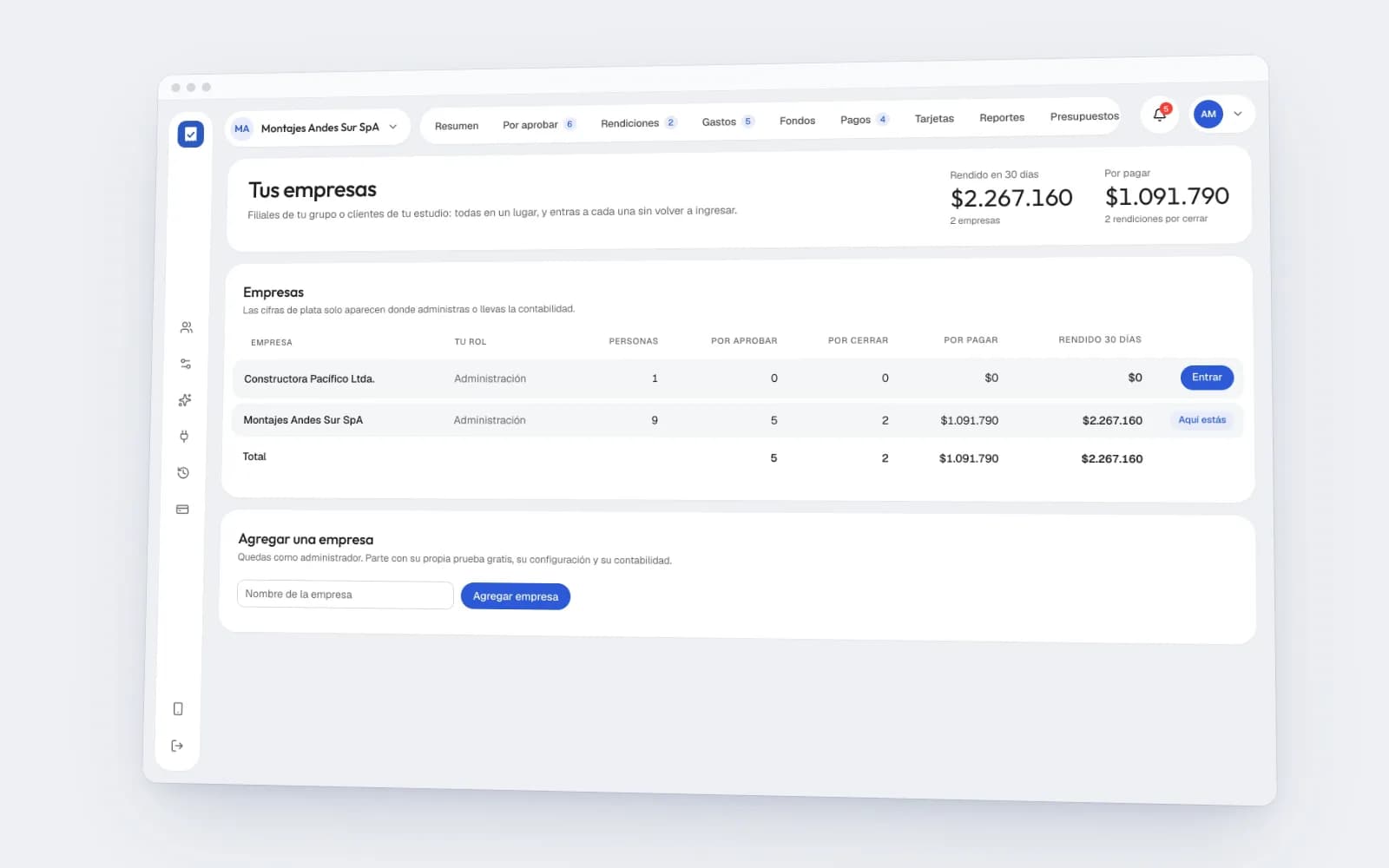 La lista de empresas de una cuenta en Simpligastos: cada empresa con su rol, lo que tiene por aprobar, por cerrar y por pagar, y el total.